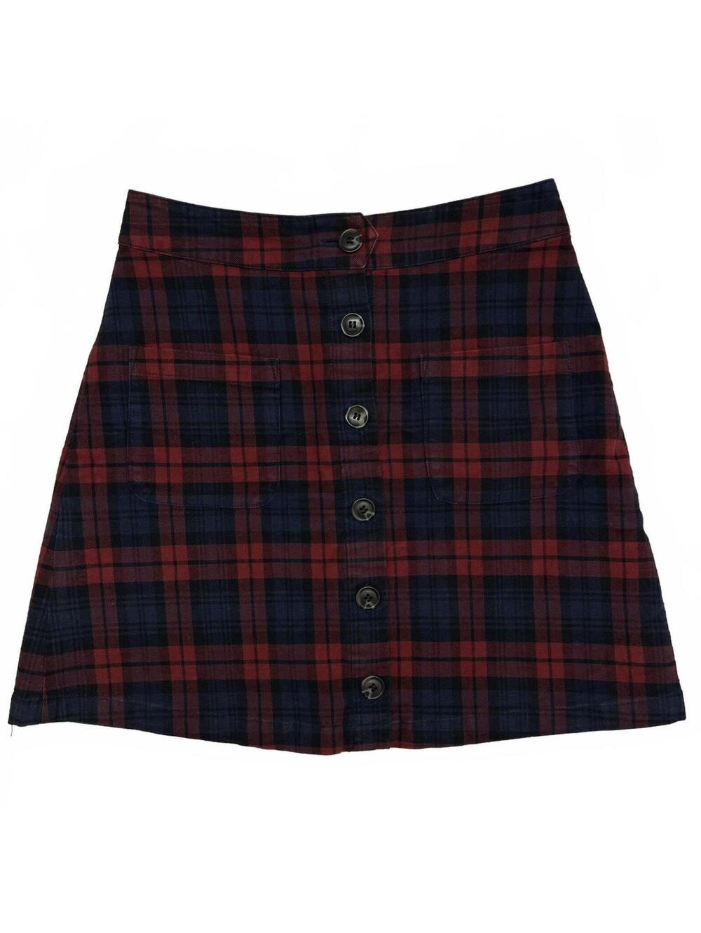 Share Tomorrow Red Navy Plaid Pattern High Waist Mini Skirt Front Buttons Sz XS